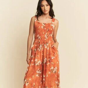 NWT Davi & Dani Floral Ruffle Square Neck Smocking Bodice Jumpsuit